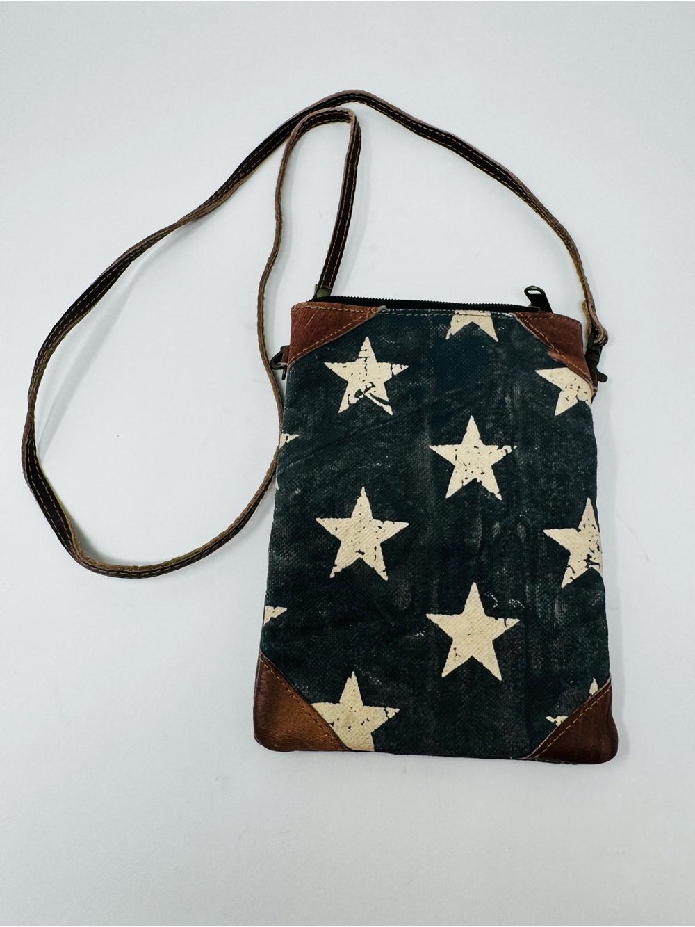 Mona B Star Print Canvas Crossbody Bag with Leather Strap